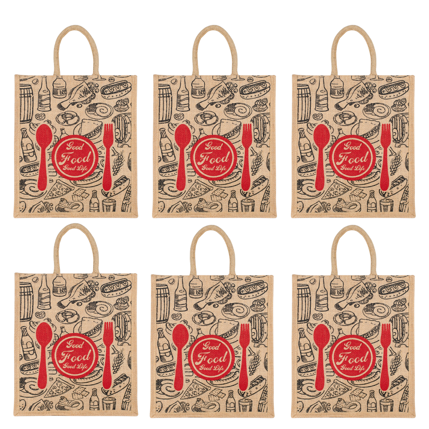 Good Food Jute Bag | Reusable Grocery & Shopping Bag | Printed Lunch Tote with Zipper & Handle | 33x29x12cm
