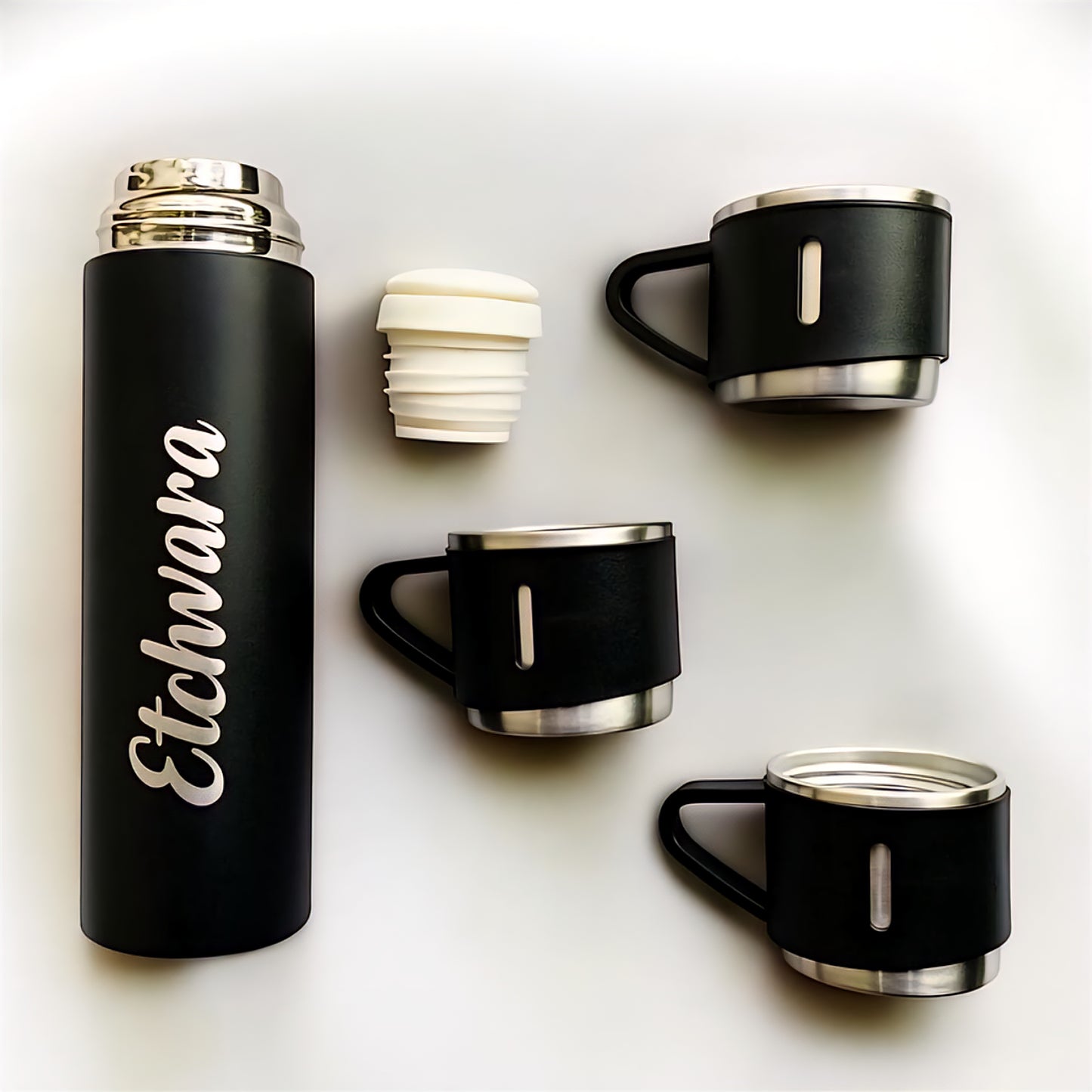 Etchvara 500ml Stainless Steel Thermo Flask – Vacuum Insulated Hot & Cold Water Bottle with 2 Cups, Custom Name/Text, Travel & Office Gift