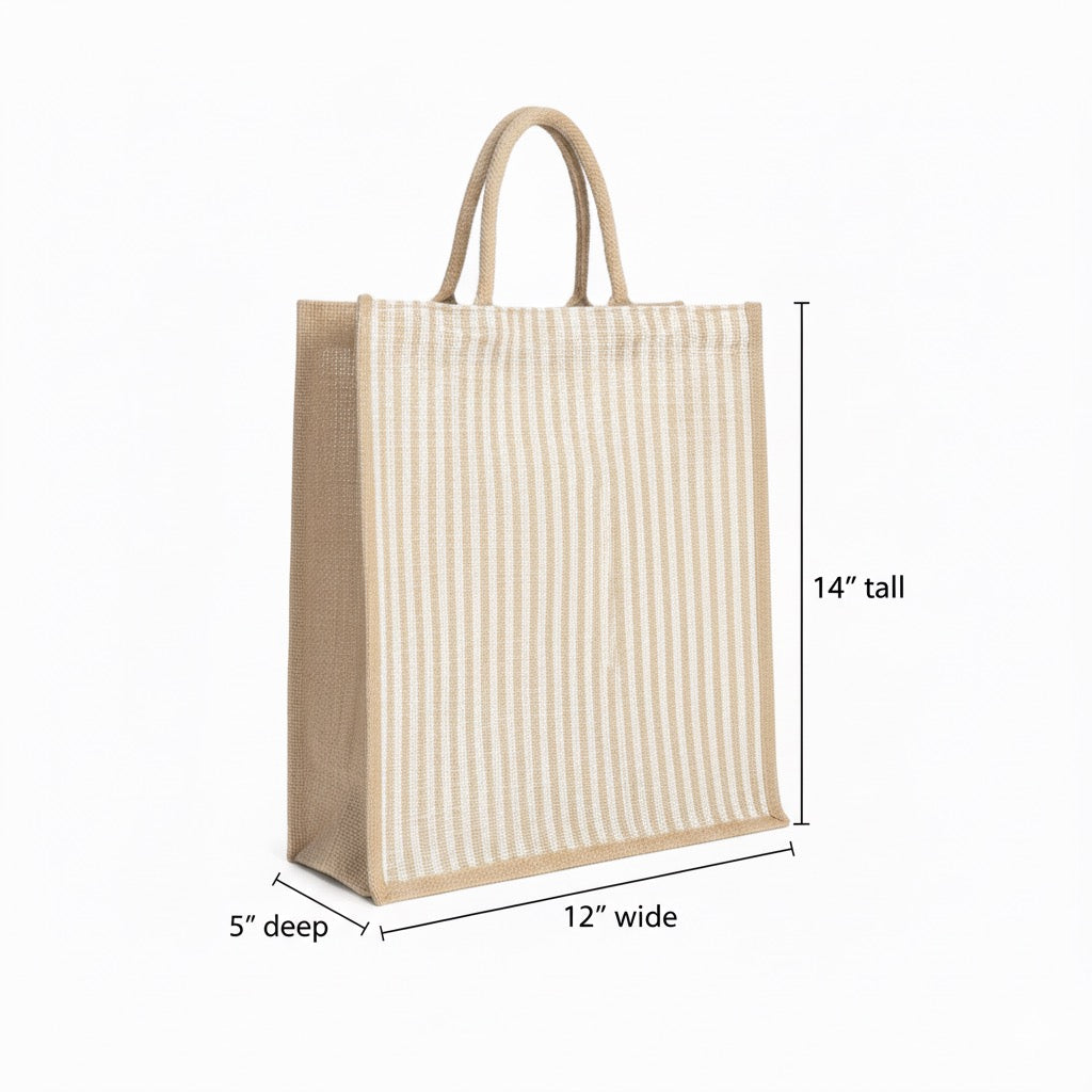 Large Striped Jute Tote Bag with Zipper |( 14x16x5 - 12x14x5 - 10x12x5 Inch ) Eco-Friendly Handbag for Women & Office Use (Combo of 3 Sizes)