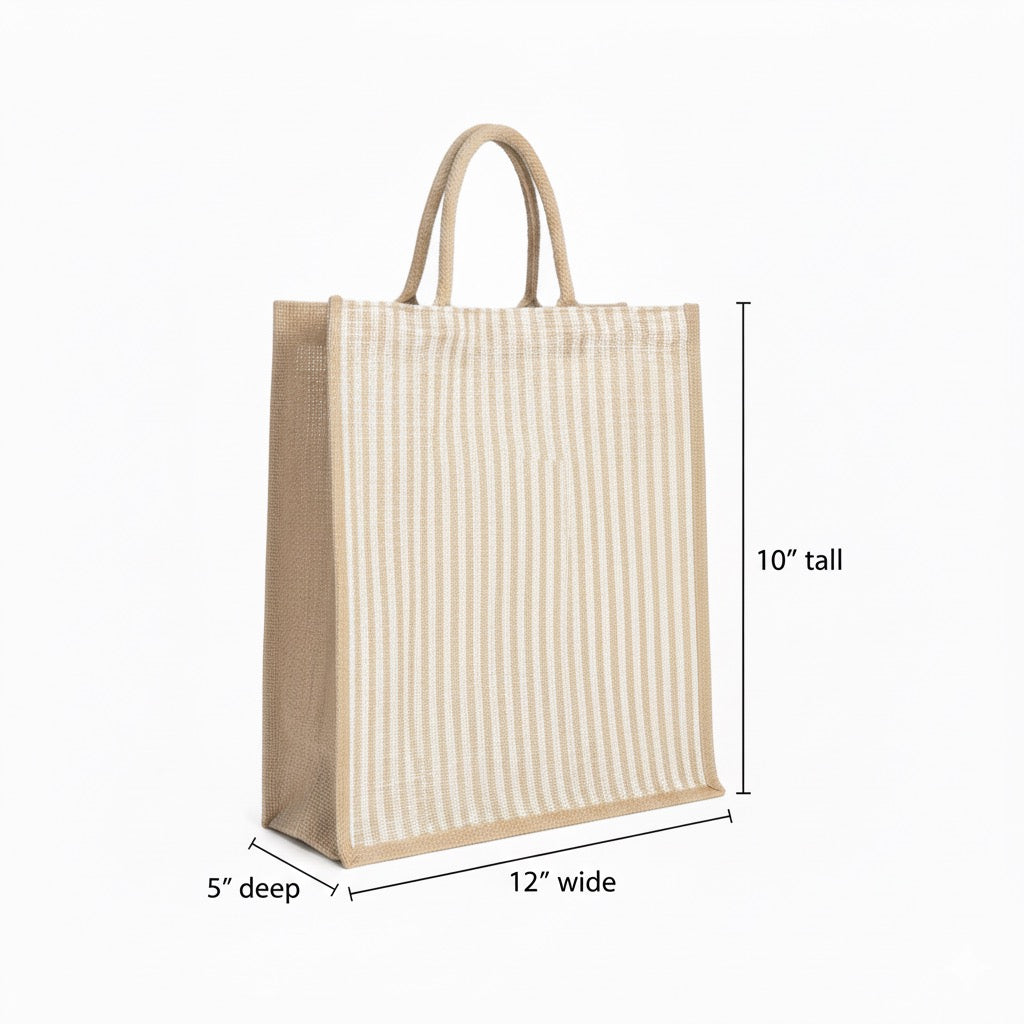 Large Striped Jute Tote Bag with Zipper |( 14x16x5 - 12x14x5 - 10x12x5 Inch ) Eco-Friendly Handbag for Women & Office Use (Combo of 3 Sizes)