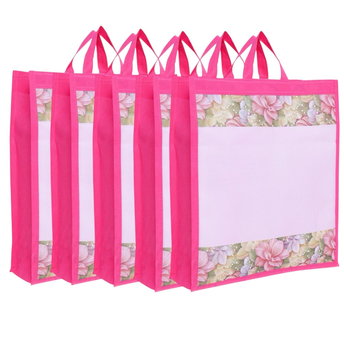 Non-Woven Floral Gift Carry Bag – Set of 5 | Reusable, Lightweight Bags for Return Gifts & Festive Use (15.5 x 17 x 5 Inches)