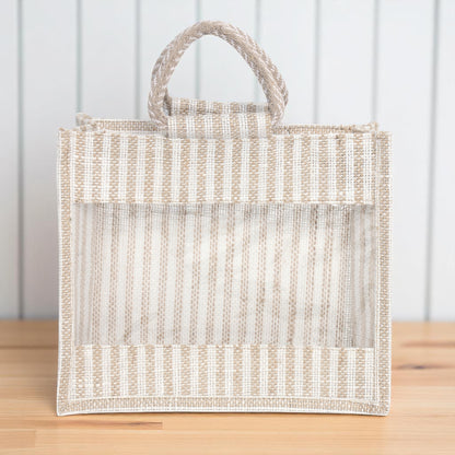 Jute Gift Bag with Transparent Window for Gifting & Return Gifts – (12x10x4.5 Inch, Stripe + Natural)