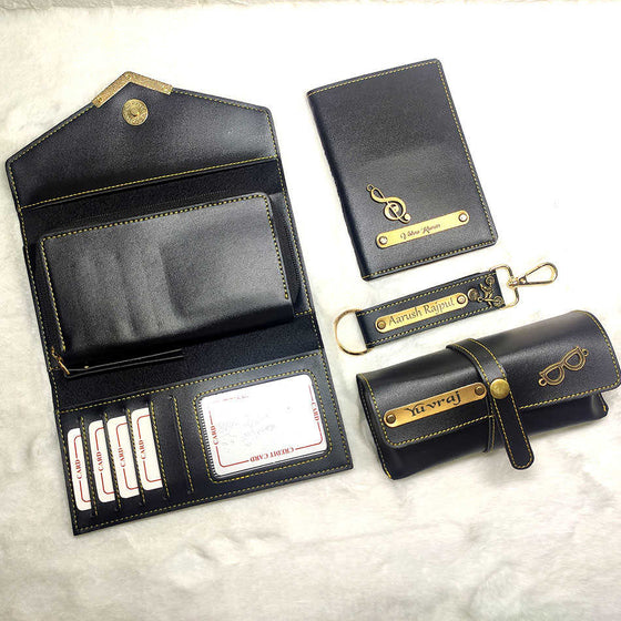 Etchvara Personalized Ladies 4 Pc Gift Set – Wallet, Passport Cover, Eyewear Case & Keychain for Raksha Bandhan, Birthday & Anniversary