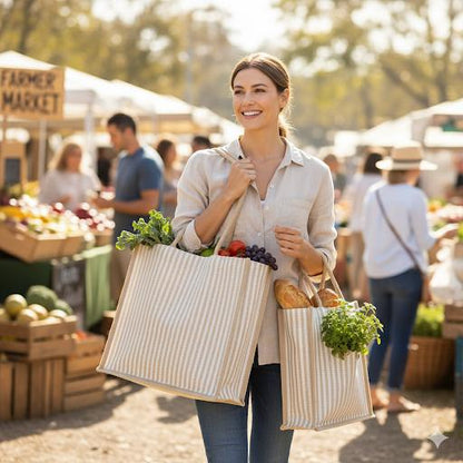 Large Striped Jute Tote Bag with Zipper |( 14x16x5 - 12x14x5 - 10x12x5 Inch ) Eco-Friendly Handbag for Women & Office Use (Combo of 3 Sizes)