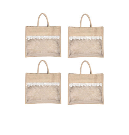 Jute Gift Bag Set of 2 – 12x10x5 & 14x12x5 Inch with Transparent Window for Gifting