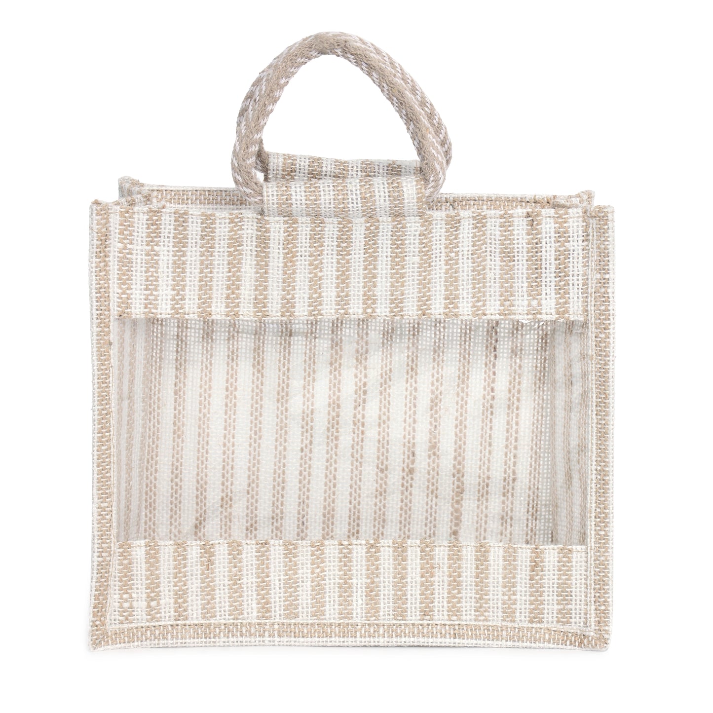 Jute Gift Bag with Transparent Window for Gifting & Return Gifts – (12x10x4.5 Inch, Stripe + Natural)