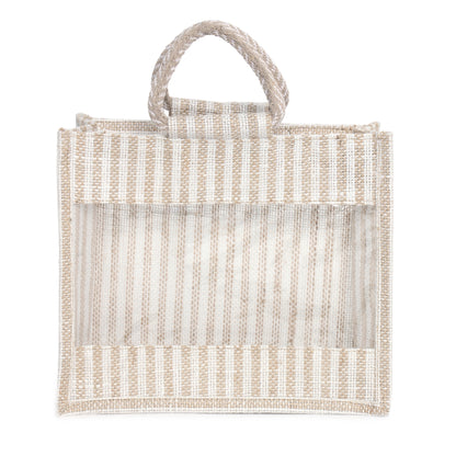 Jute Gift Bag with Transparent Window for Gifting & Return Gifts – (12x10x4.5 Inch, Stripe + Natural)
