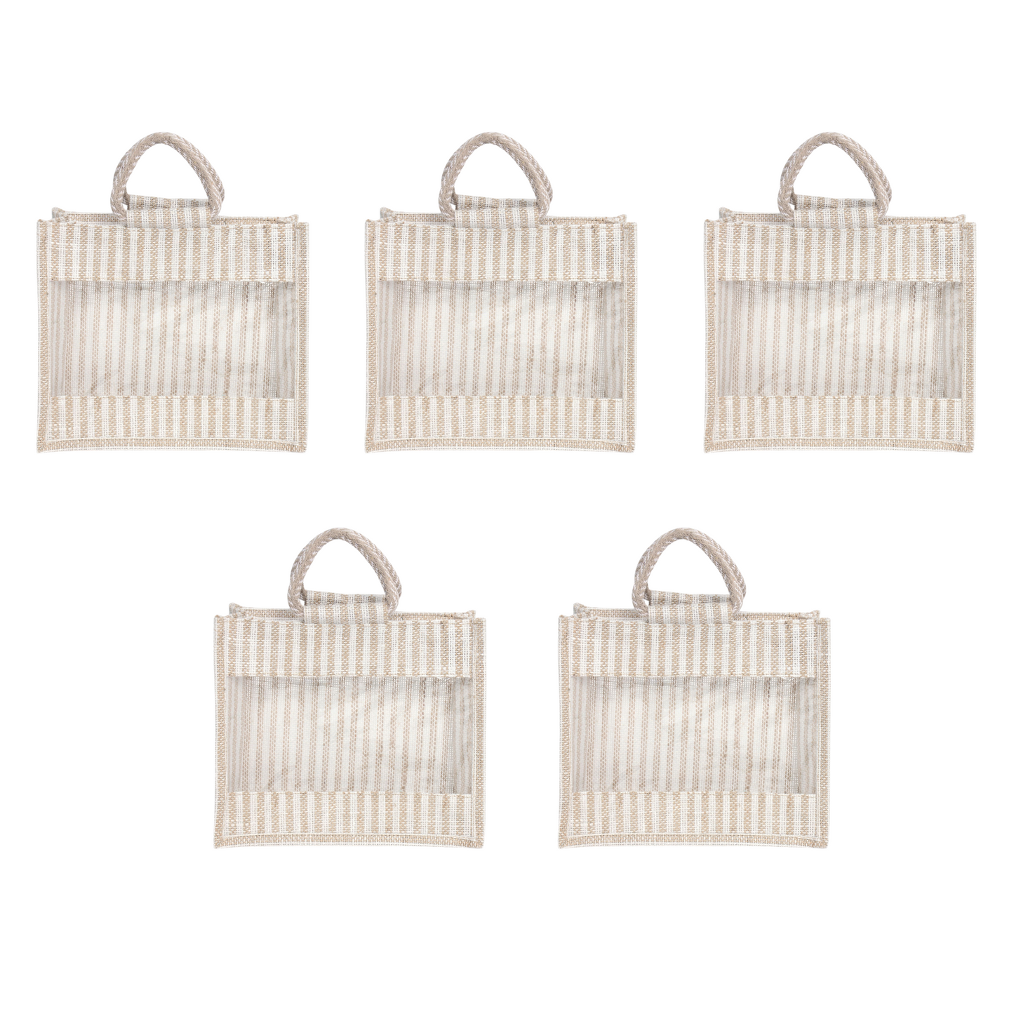 Jute Gift Bag with Transparent Window for Gifting & Return Gifts – (12x10x4.5 Inch, Stripe + Natural)