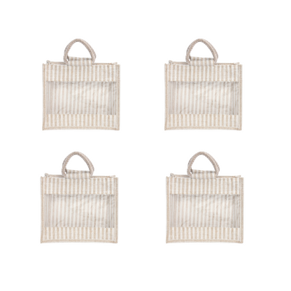 Jute Gift Bag with Transparent Window for Gifting & Return Gifts – (12x10x4.5 Inch, Stripe + Natural)