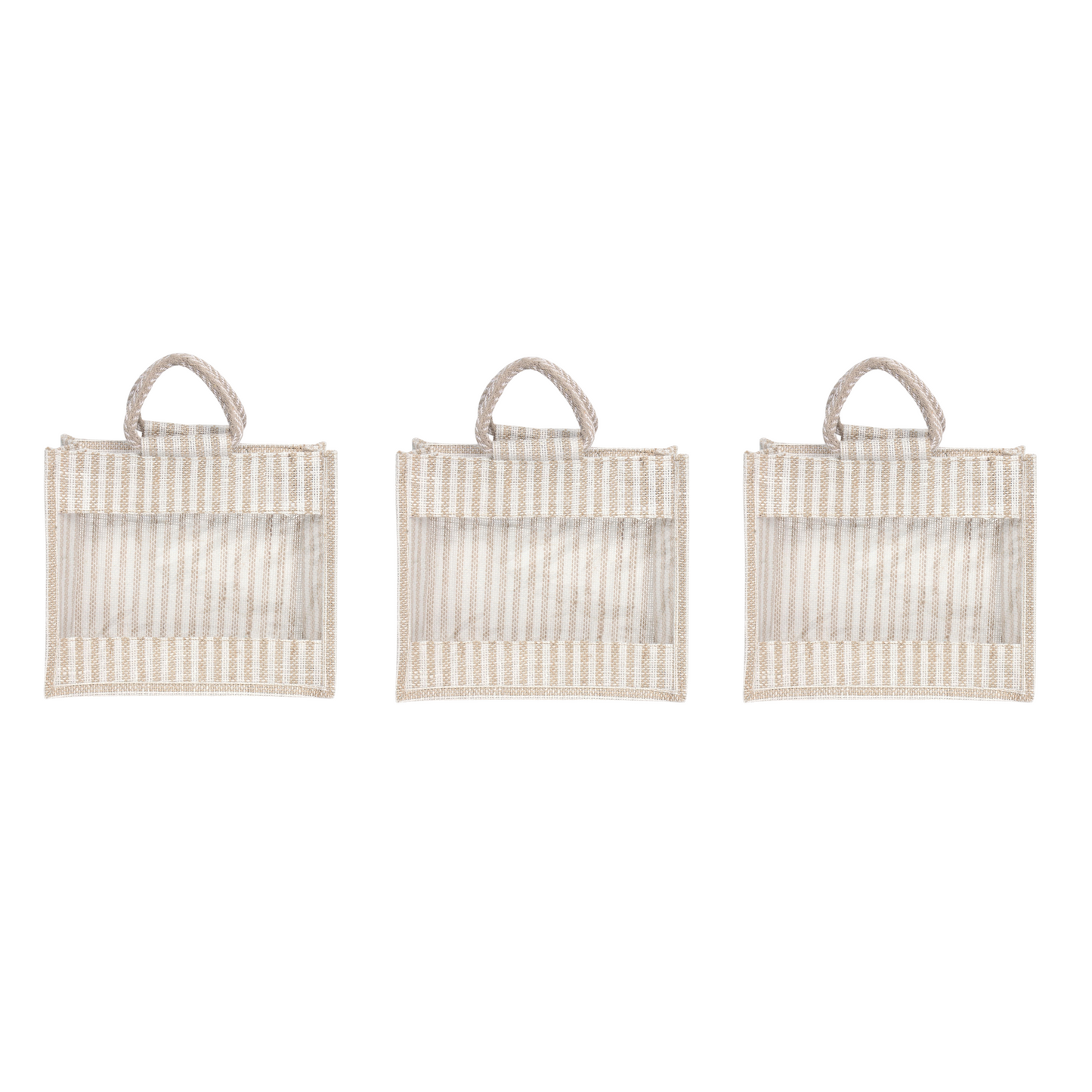 Jute Gift Bag with Transparent Window for Gifting & Return Gifts – (12x10x4.5 Inch, Stripe + Natural)