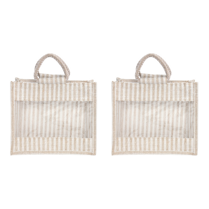 Jute Gift Bag with Transparent Window for Gifting & Return Gifts – (12x10x4.5 Inch, Stripe + Natural)