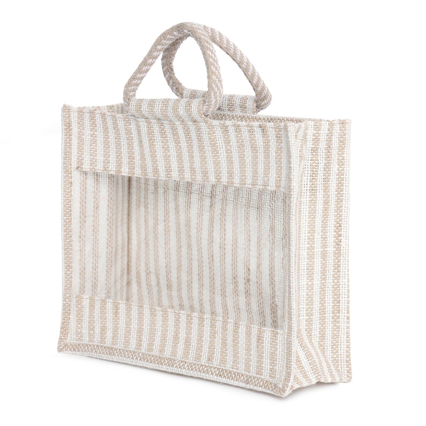 Jute Gift Bag with Transparent Window for Gifting & Return Gifts – (12x10x4.5 Inch, Stripe + Natural)