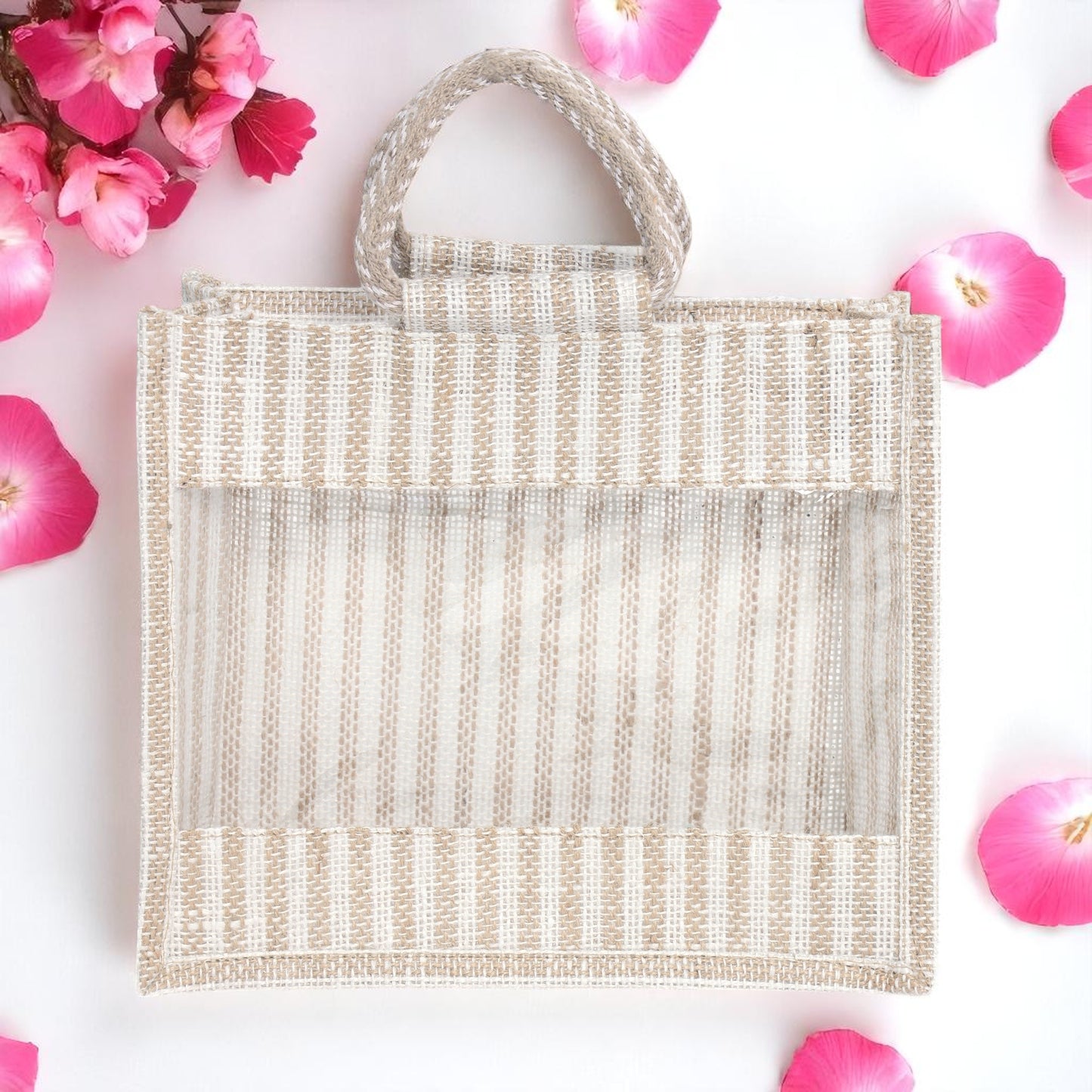 Jute Gift Bag with Transparent Window for Gifting & Return Gifts – (12x10x4.5 Inch, Stripe + Natural)