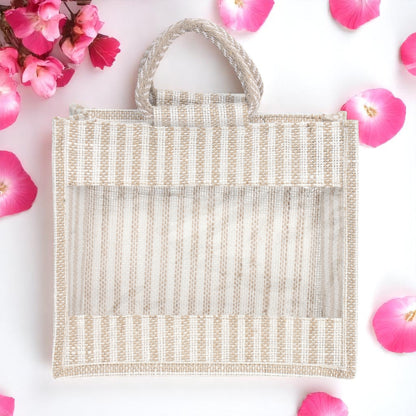 Jute Gift Bag with Transparent Window for Gifting & Return Gifts – (12x10x4.5 Inch, Stripe + Natural)