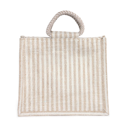 Jute Gift Bag with Transparent Window for Gifting & Return Gifts – (12x10x4.5 Inch, Stripe + Natural)