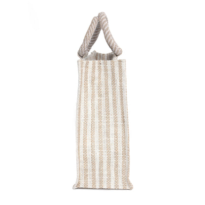 Jute Gift Bag with Transparent Window for Gifting & Return Gifts – (12x10x4.5 Inch, Stripe + Natural)