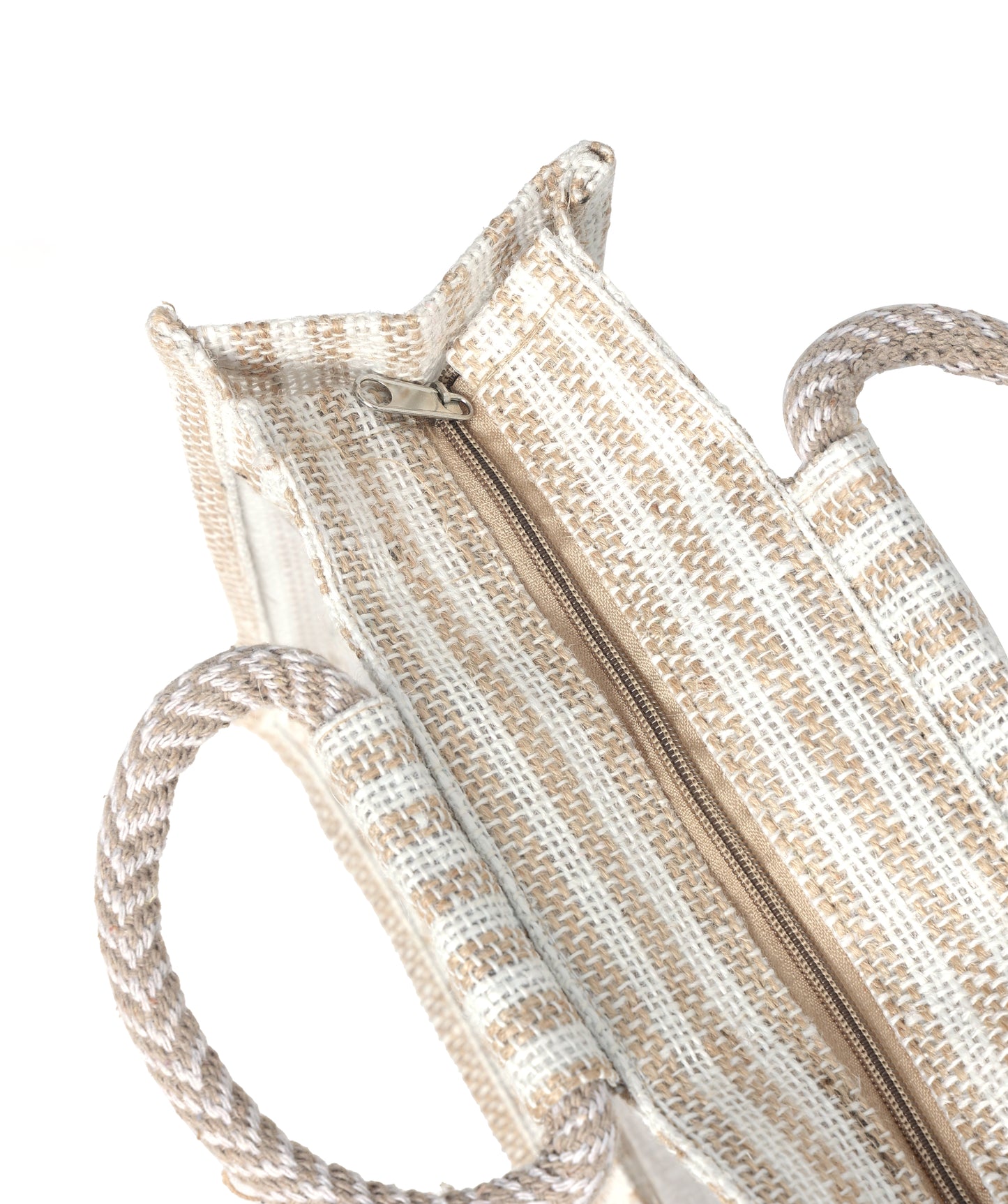 Jute Gift Bag with Transparent Window for Gifting & Return Gifts – (12x10x4.5 Inch, Stripe + Natural)