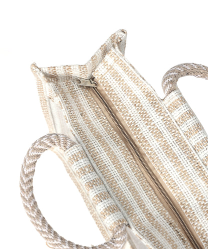 Jute Gift Bag with Transparent Window for Gifting & Return Gifts – (12x10x4.5 Inch, Stripe + Natural)