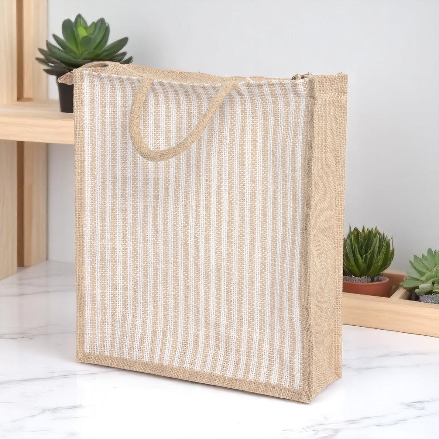 Large Striped Jute Tote Bag with Zipper |( 14x16x5 - 12x14x5 - 10x12x5 Inch ) Eco-Friendly Handbag for Women & Office Use (Combo of 3 Sizes)
