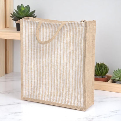 Large Striped Jute Tote Bag with Zipper |( 14x16x5 - 12x14x5 - 10x12x5 Inch ) Eco-Friendly Handbag for Women & Office Use (Combo of 3 Sizes)