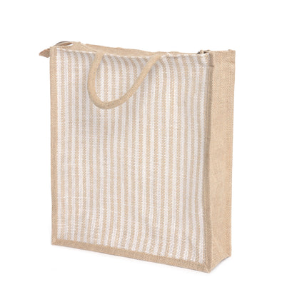 Large Striped Jute Tote Bag with Zipper |( 14x16x5 - 12x14x5 - 10x12x5 Inch ) Eco-Friendly Handbag for Women & Office Use (Combo of 3 Sizes)