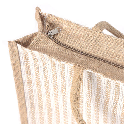 Large Striped Jute Tote Bag with Zipper |( 14x16x5 - 12x14x5 - 10x12x5 Inch ) Eco-Friendly Handbag for Women & Office Use (Combo of 3 Sizes)