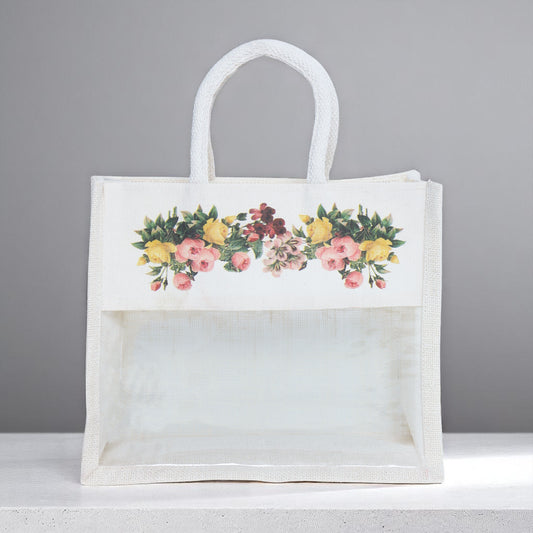 Etchvara Hamper Bag with Transparent Window | Eco-Friendly Bag for Gifting, Return Gifts, Dry Fruits | Reusable Tote Bag (12x10x5 Inch, Natural) (Assorted Print)