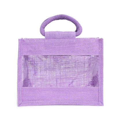 Purple Jute Bag with Transparent Window | Eco-Friendly Reusable Gift Bag | Return Gift Tote | Lunch Handbag | 25.4 × 20.32 × 12.7 cm