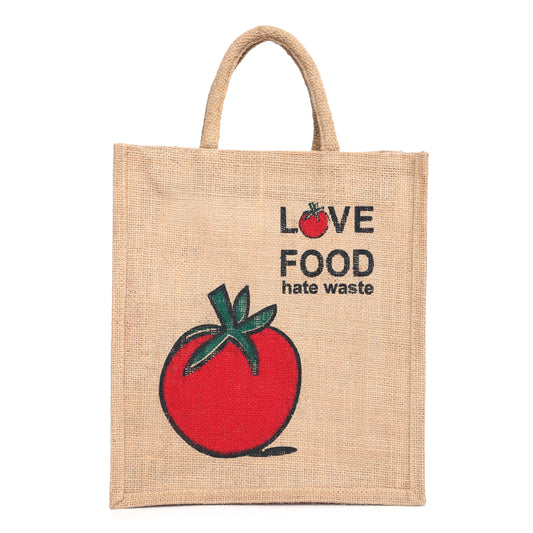 Jute Bag with “Love Food Hate Waste” Print | Eco-Friendly Reusable Shopping Tote | Lunch & Grocery Carry Bag | Return Gift Handbag | Size 33 × 29 × 12 cm