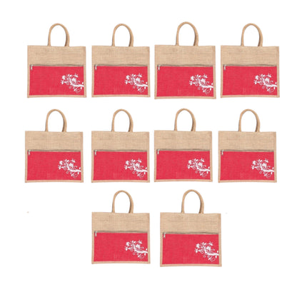 Jute Bag Blue Floral Design with Zip Pocket | Eco-Friendly Reusable Shopping Bag | Multipurpose Carry Bag for Women & Men | Size 30.5 × 25.4 × 12.7 cm