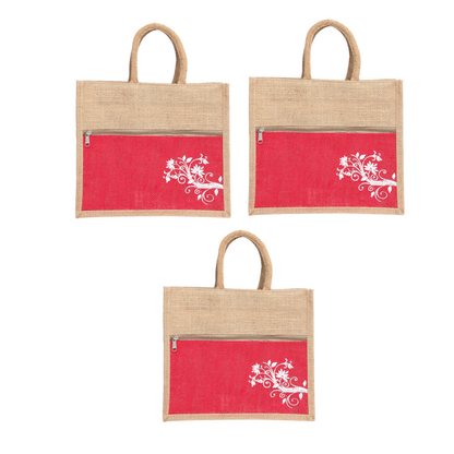 Jute Bag Blue Floral Design with Zip Pocket | Eco-Friendly Reusable Shopping Bag | Multipurpose Carry Bag for Women & Men | Size 30.5 × 25.4 × 12.7 cm