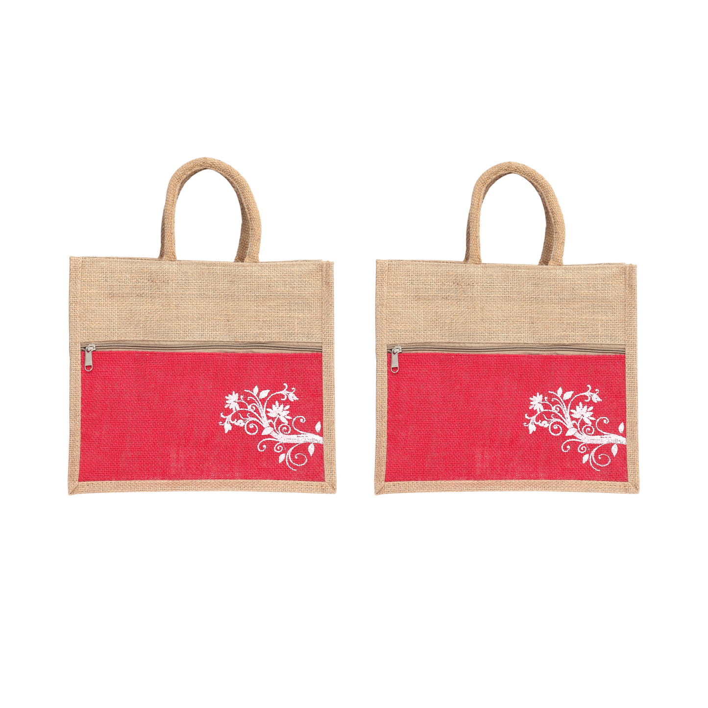 Jute Bag Blue Floral Design with Zip Pocket | Eco-Friendly Reusable Shopping Bag | Multipurpose Carry Bag for Women & Men | Size 30.5 × 25.4 × 12.7 cm