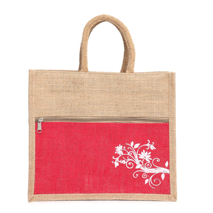 Jute Bag Blue Floral Design with Zip Pocket | Eco-Friendly Reusable Shopping Bag | Multipurpose Carry Bag for Women & Men | Size 30.5 × 25.4 × 12.7 cm