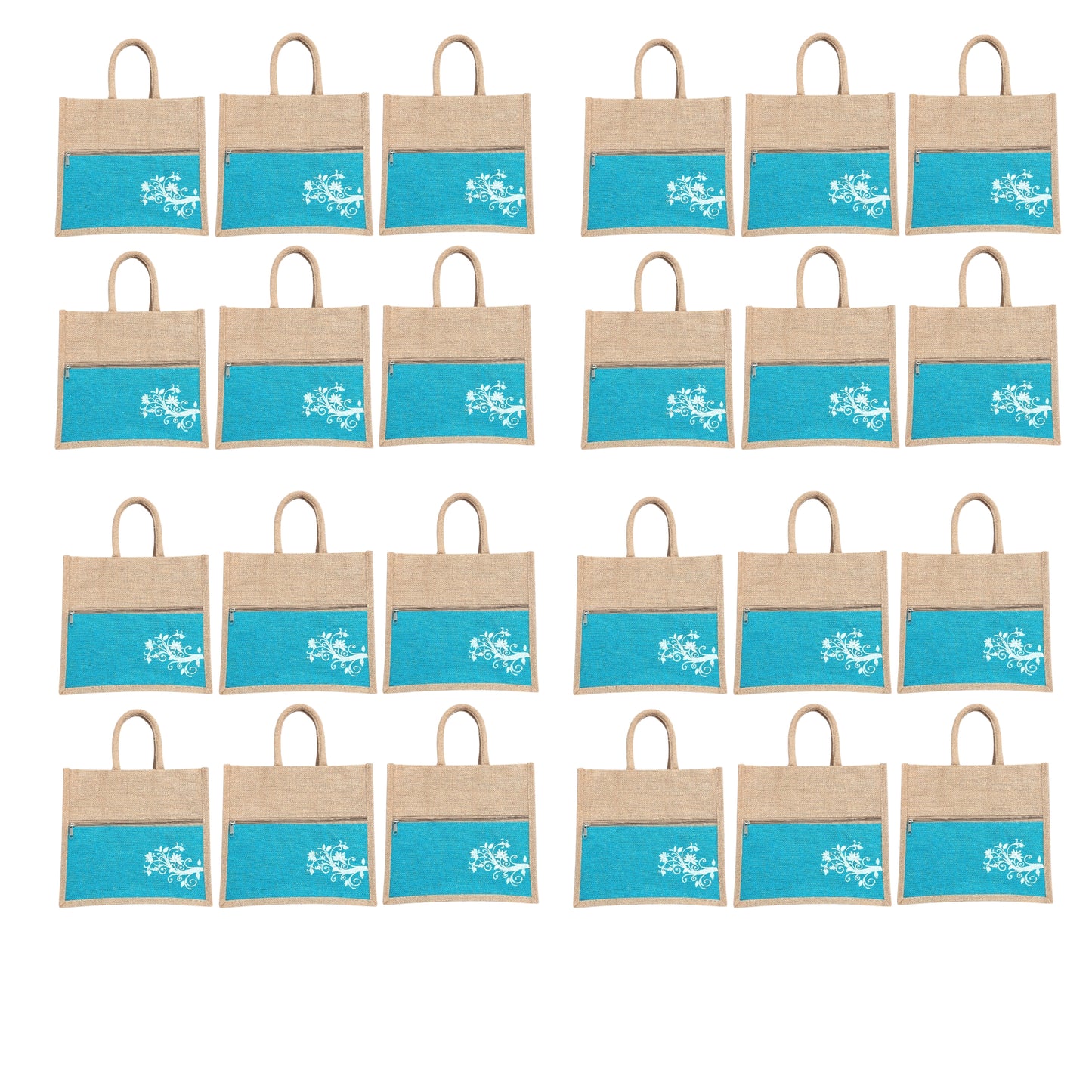 Jute Bag Blue Floral Design with Zip Pocket | Eco-Friendly Reusable Shopping Bag | Multipurpose Carry Bag for Women & Men | Size 30.5 × 25.4 × 12.7 cm