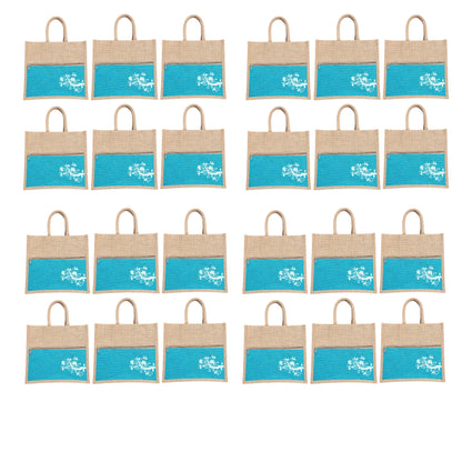 Jute Bag Blue Floral Design with Zip Pocket | Eco-Friendly Reusable Shopping Bag | Multipurpose Carry Bag for Women & Men | Size 30.5 × 25.4 × 12.7 cm