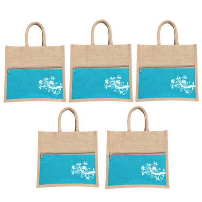 Jute Bag Blue Floral Design with Zip Pocket | Eco-Friendly Reusable Shopping Bag | Multipurpose Carry Bag for Women & Men | Size 30.5 × 25.4 × 12.7 cm