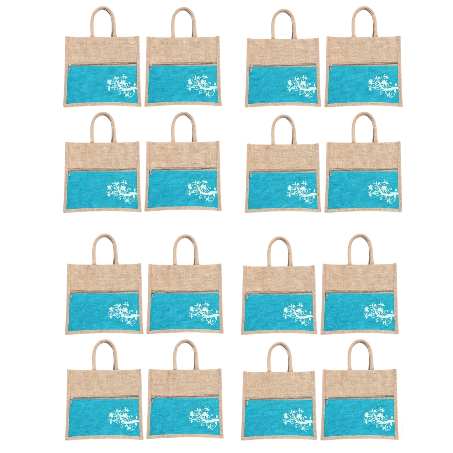 Jute Bag Blue Floral Design with Zip Pocket | Eco-Friendly Reusable Shopping Bag | Multipurpose Carry Bag for Women & Men | Size 30.5 × 25.4 × 12.7 cm