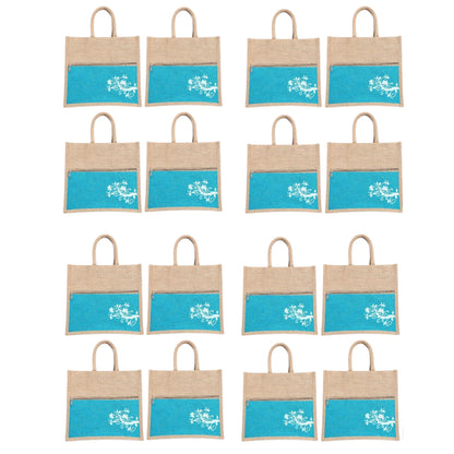 Jute Bag Blue Floral Design with Zip Pocket | Eco-Friendly Reusable Shopping Bag | Multipurpose Carry Bag for Women & Men | Size 30.5 × 25.4 × 12.7 cm