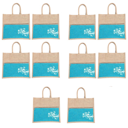Jute Bag Blue Floral Design with Zip Pocket | Eco-Friendly Reusable Shopping Bag | Multipurpose Carry Bag for Women & Men | Size 30.5 × 25.4 × 12.7 cm