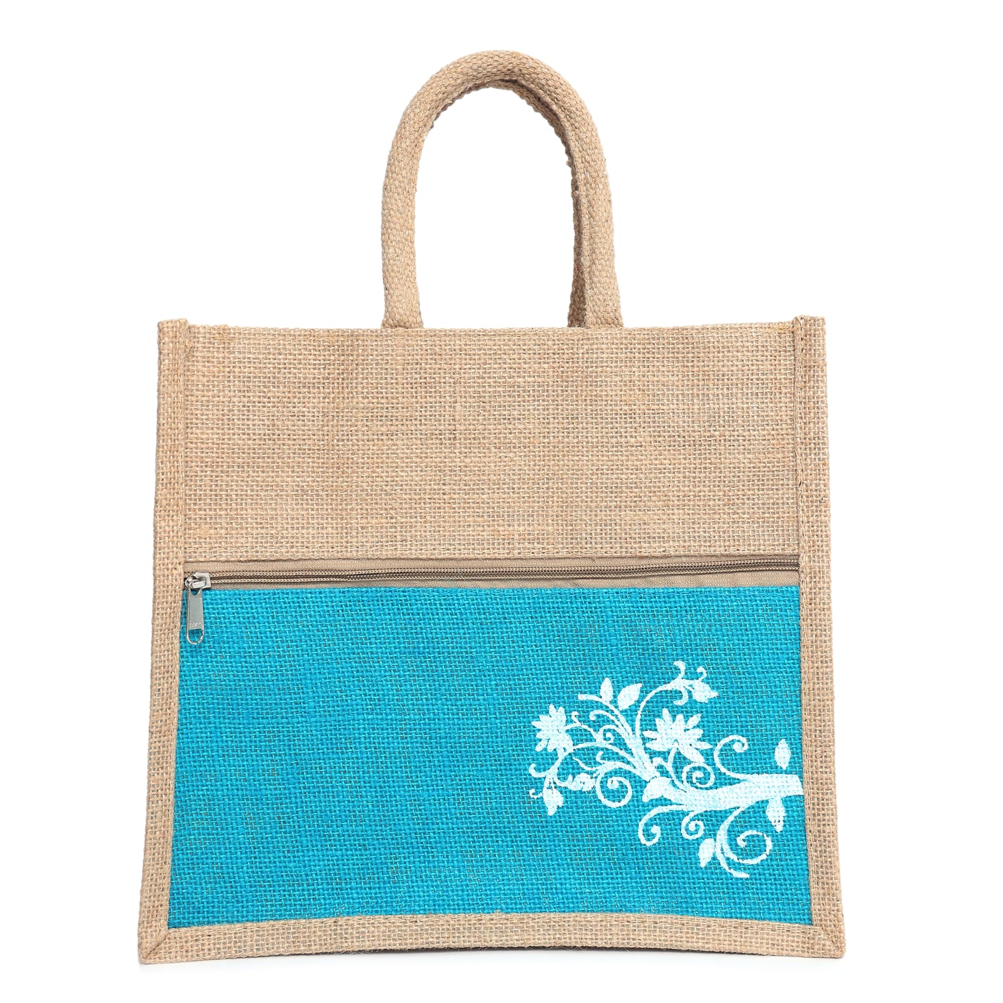 Jute Bag Blue Floral Design with Zip Pocket | Eco-Friendly Reusable Shopping Bag | Multipurpose Carry Bag for Women & Men | Size 30.5 × 25.4 × 12.7 cm