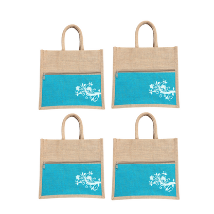 Jute Bag Blue Floral Design with Zip Pocket | Eco-Friendly Reusable Shopping Bag | Multipurpose Carry Bag for Women & Men | Size 30.5 × 25.4 × 12.7 cm