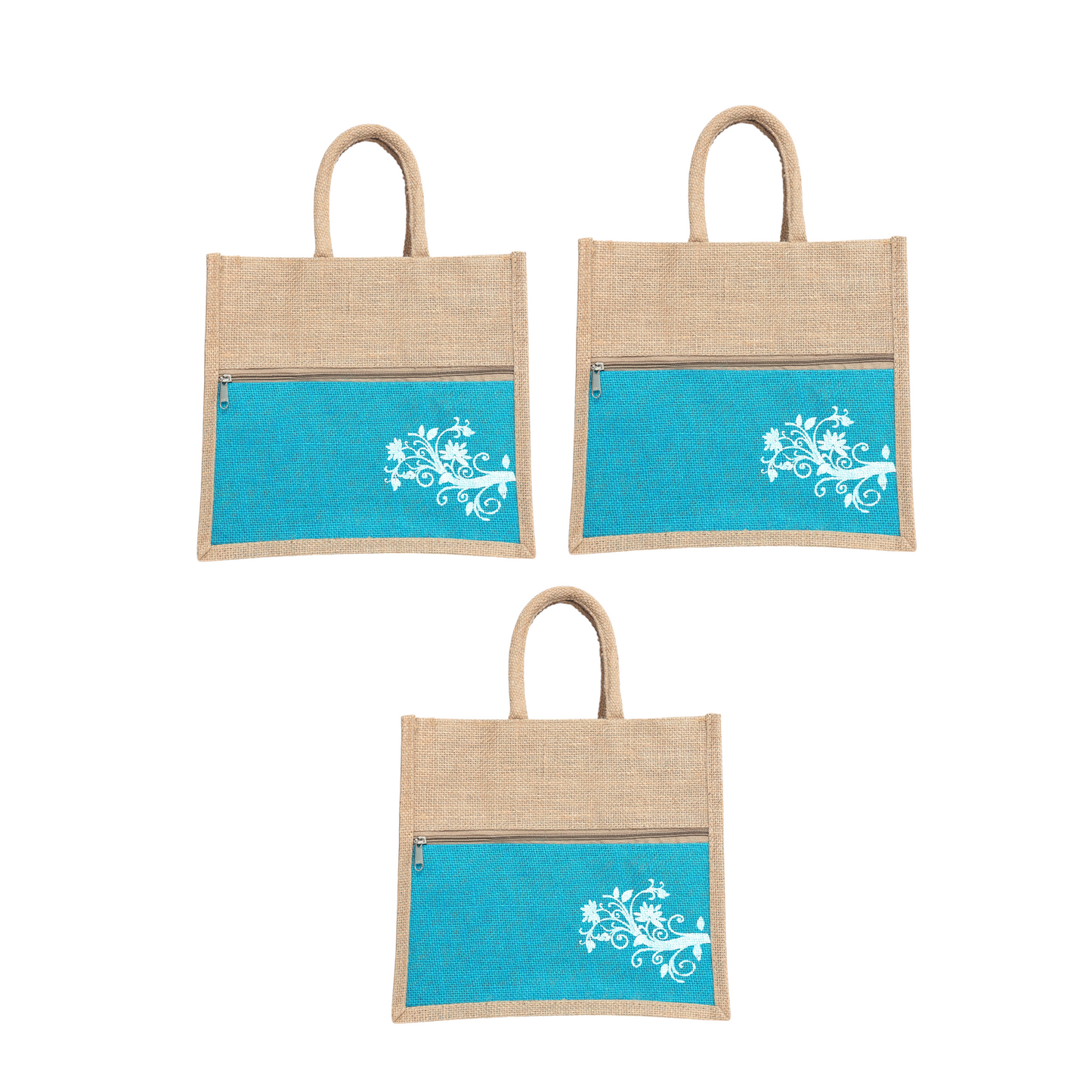 Jute Bag Blue Floral Design with Zip Pocket | Eco-Friendly Reusable Shopping Bag | Multipurpose Carry Bag for Women & Men | Size 30.5 × 25.4 × 12.7 cm