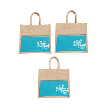 Jute Bag Blue Floral Design with Zip Pocket | Eco-Friendly Reusable Shopping Bag | Multipurpose Carry Bag for Women & Men | Size 30.5 × 25.4 × 12.7 cm