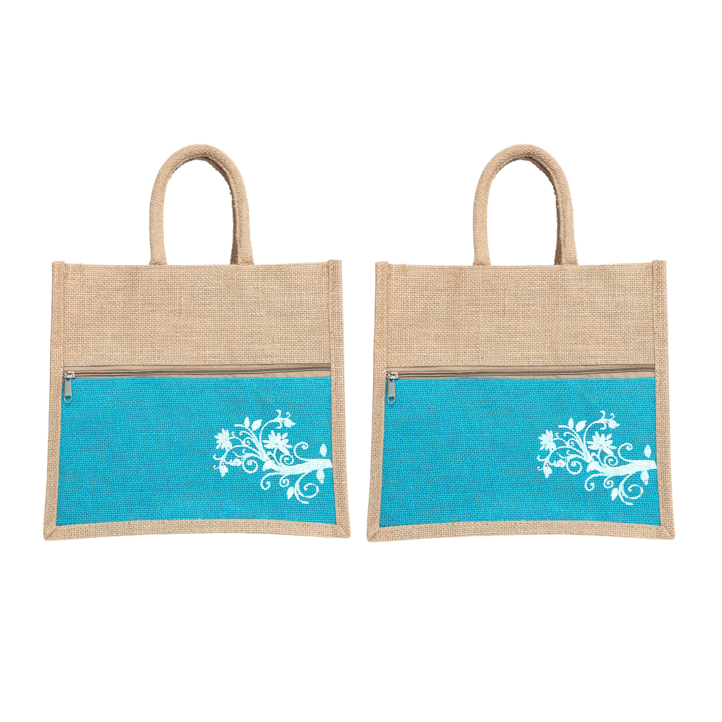 Jute Bag Blue Floral Design with Zip Pocket | Eco-Friendly Reusable Shopping Bag | Multipurpose Carry Bag for Women & Men | Size 30.5 × 25.4 × 12.7 cm