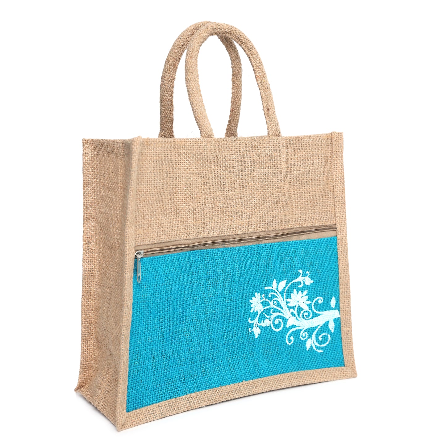 Jute Bag Blue Floral Design with Zip Pocket | Eco-Friendly Reusable Shopping Bag | Multipurpose Carry Bag for Women & Men | Size 30.5 × 25.4 × 12.7 cm
