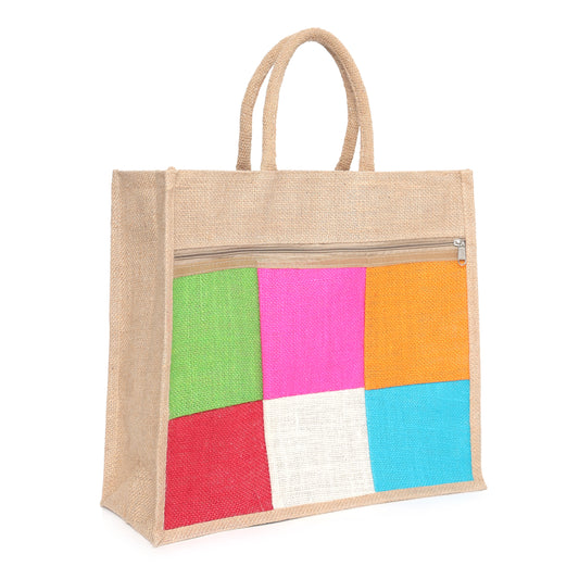 Jute Bag Multi-Color Patch Design | Eco-Friendly Shopping Tote with Zipper | Reusable & Durable Handbag for Daily Use | Size: 35.56 x 30.48 x 15.24 cm
