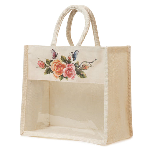 Jute Gift Bag with Transparent Window for Gifting & Return Gifts – (12x10x5 Inch, Natural)