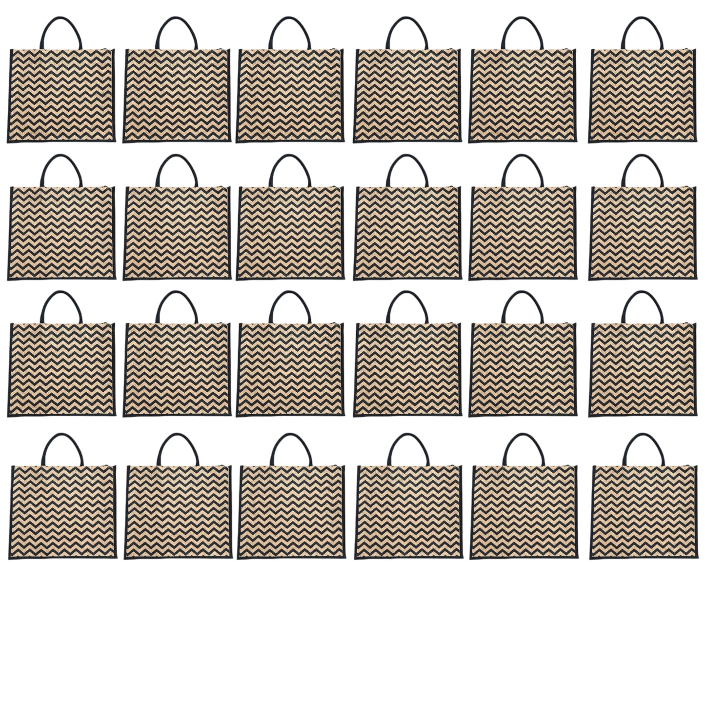 Black Zigzag Printed Jute Bag with Zipper | Eco-Friendly Reusable Shopping Tote | 16×14×6 inch