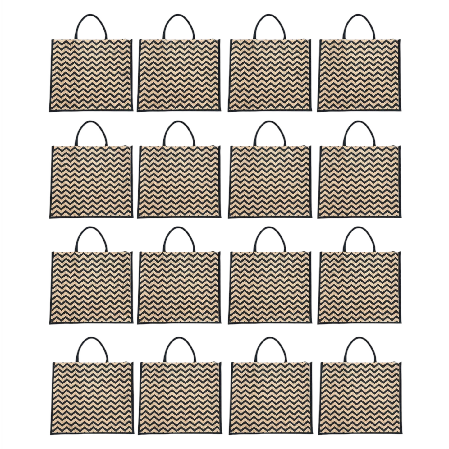Black Zigzag Printed Jute Bag with Zipper | Eco-Friendly Reusable Shopping Tote | 16×14×6 inch