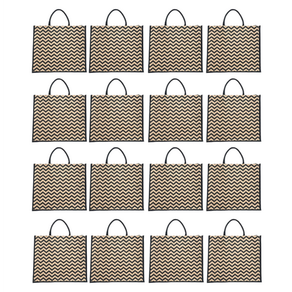 Black Zigzag Printed Jute Bag with Zipper | Eco-Friendly Reusable Shopping Tote | 16×14×6 inch